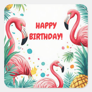 Sticker Carré 🦩 Flamant Et Fleurs Tropicales Cadre D'Été 🍍