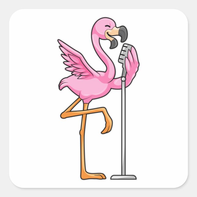 Sticker Carré Flamant rose à Chanter avec microphone (Devant)