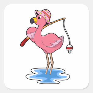Sticker Carré Flamant rose à la pêche avec canne à pêche