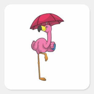 Sticker Carré Flamant rose à la pluie avec parapluie