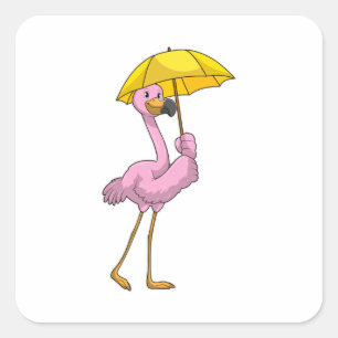 Sticker Carré Flamant rose à la pluie avec parapluie