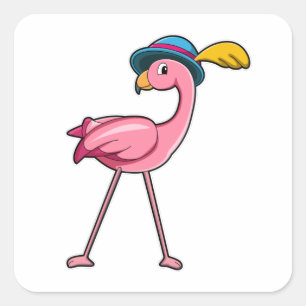 Sticker Carré Flamant rose avec Casquette & Plume