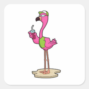 Sticker Carré Flamant rose avec Lunettes de soleil & Casquette