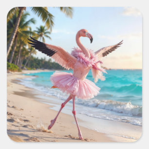 Sticker Carré Flamant Rose Ballerine Dans Un Tutu Rose Sur La Pl