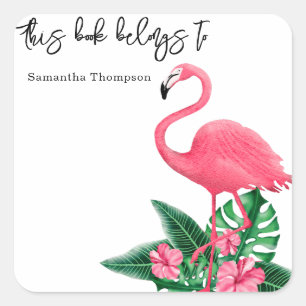 Sticker Carré Flamant rose - Ce livre appartient à