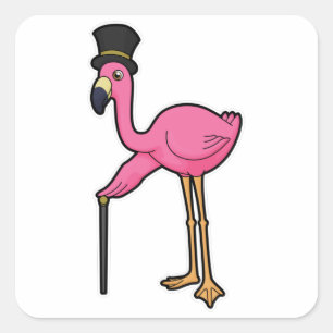 Sticker Carré Flamant rose comme Groom avec Casquette & canne