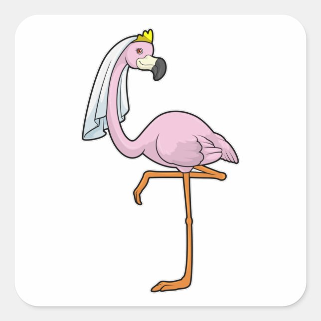 Sticker Carré Flamant rose comme Mariée au Mariage avec Voile (Devant)