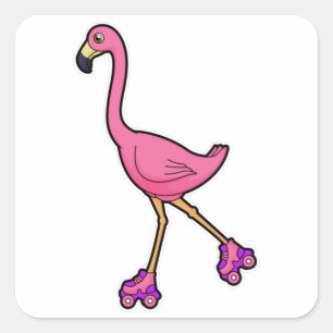 Sticker Carré Flamant rose comme Patineur avec Roller Patins