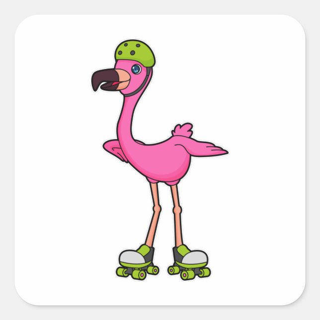 Sticker Carré Flamant rose comme Patineur avec Roller Patins & C (Devant)
