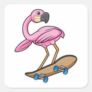 Sticker Carré Flamant rose comme Patineur avec Skateboard