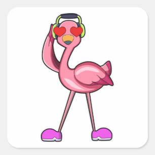 Sticker Carré Flamant rose comme pensionné avec bâton de marche 