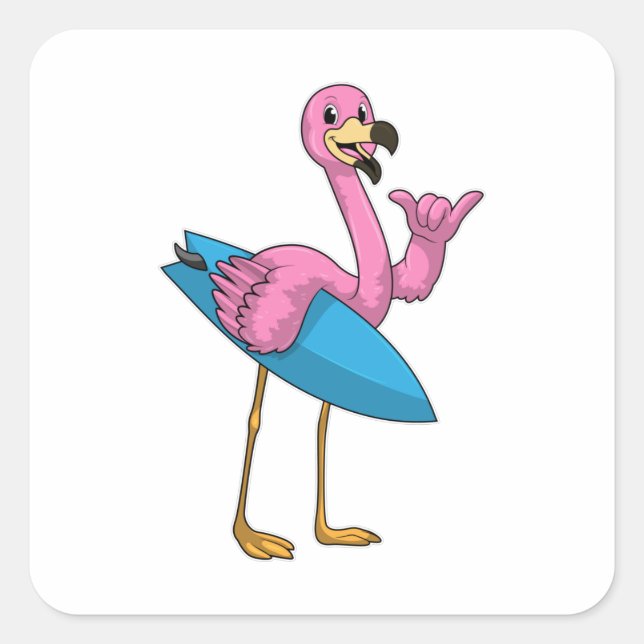 Sticker Carré Flamant rose comme Surfer avec Surfboard (Devant)