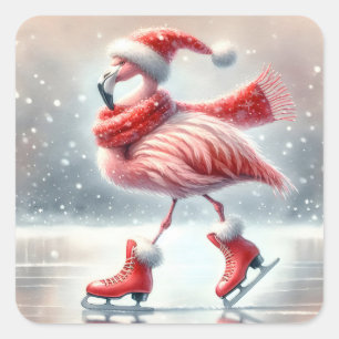 Sticker Carré Flamant rose de Noël festif Patinage sur glace