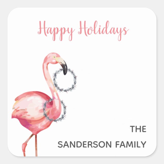 Sticker Carré Flamant rose de Noël rose Wreathy l Joyeuses fêtes (Devant)