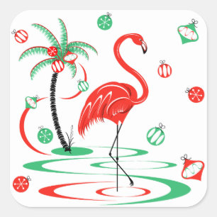 Sticker Carré Flamant rose de Noël rouge Baubles carré
