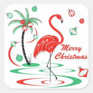 Sticker Carré Flamant rose de Noël rouge Joyeux carré de Noël