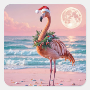 Sticker Carré Flamant rose de Noël sur une plage rose