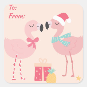 Sticker Carré Flamant rose de Père Noël tropical - Noël