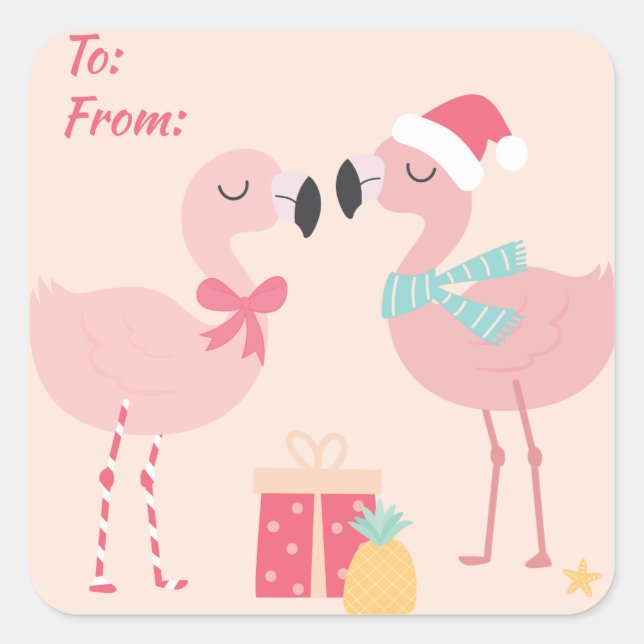 Sticker Carré Flamant rose de Père Noël tropical - Noël (Devant)