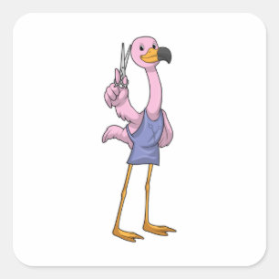 Sticker Carré Flamant rose en coiffeur avec ciseaux