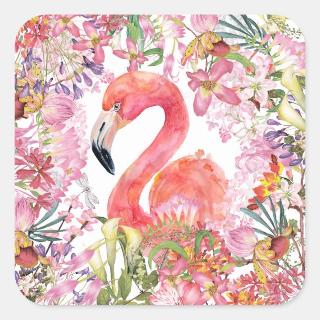 Sticker Carré Flamant rose en Jungle Fleur - Motif d'été (Devant)
