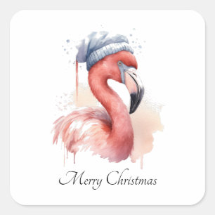Sticker Carré Flamant rose père Noël Snowbird, personnalisé