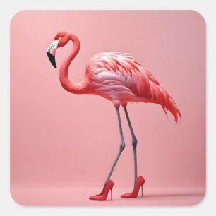 Sticker Carré Flamant rose portant des talons rouges hauts