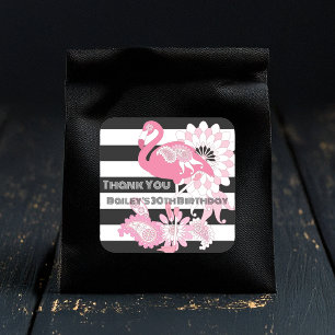Sticker Carré Flamant rose rayé noir et blanc Merci