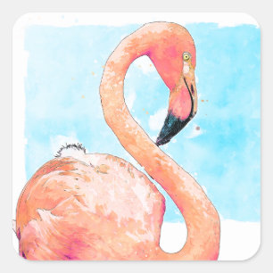 Sticker Carré Flamant rose rose Aquarelle Saint Valentin
