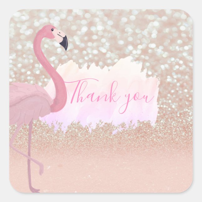 Sticker Carré Flamant rose rose brillant moderne, Merci (Devant)