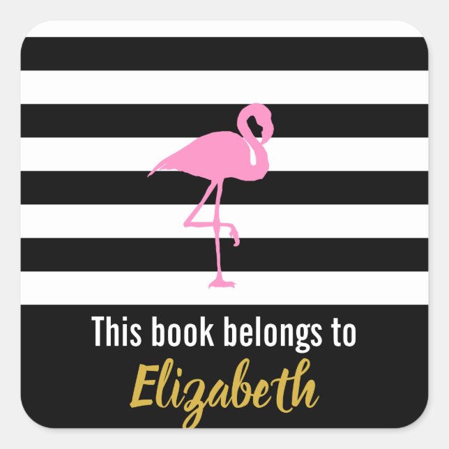 Sticker Carré Flamant rose Rose Ce Livre Appartient À (Devant)