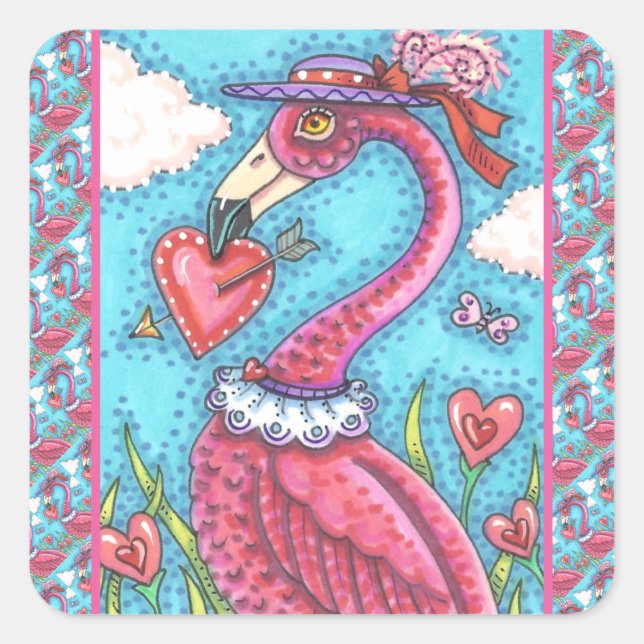 Sticker Carré Flamant rose ROSE COEURS DE VALENTINE, INSÉPARABLE (Devant)