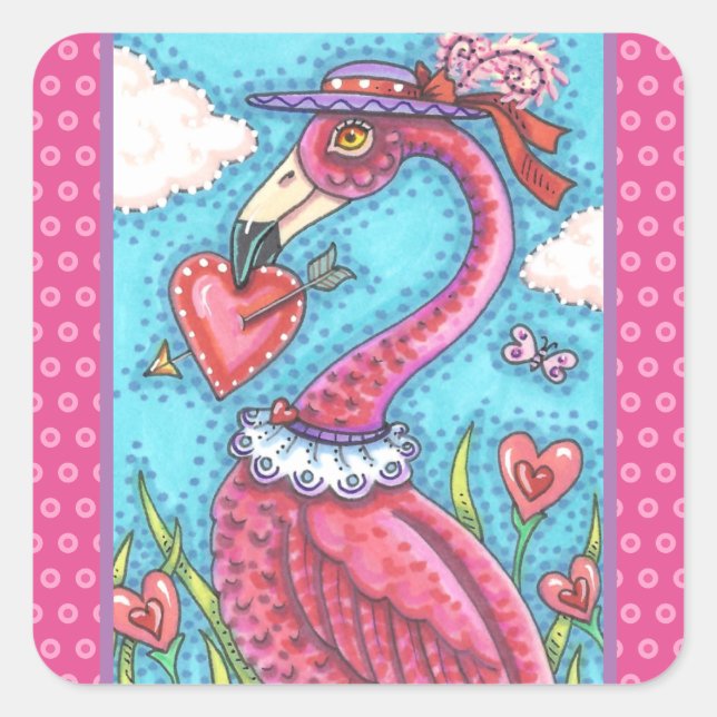Sticker Carré Flamant rose ROSE COEURS DE VALENTINE, INSÉPARABLE (Devant)