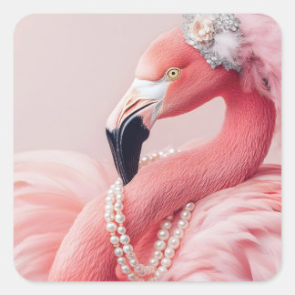 Sticker Carré Flamant rose rose élégant avec perles et plumes