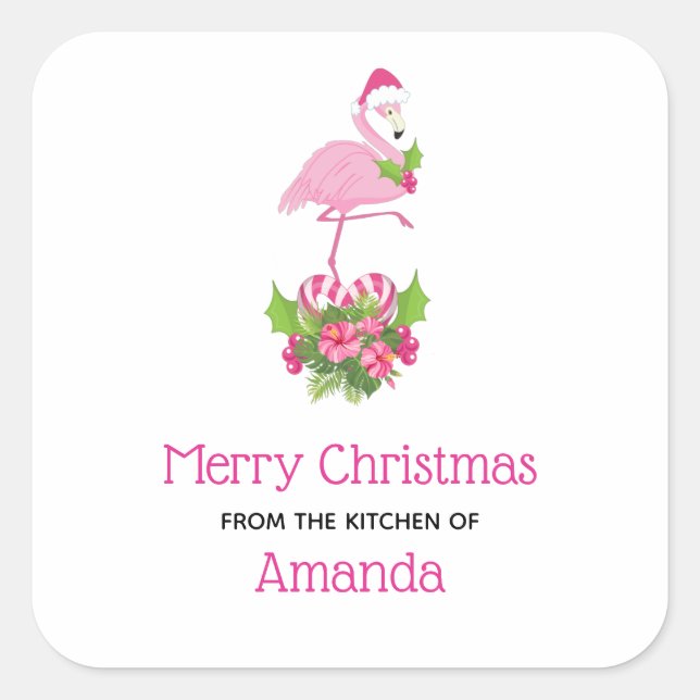 Sticker Carré Flamant rose rose en Santa Hat Whimsical Kitchen (Devant)