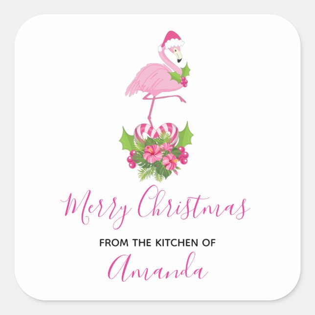 Sticker Carré Flamant rose rose en Santa Hat Whimsical Kitchen (Devant)