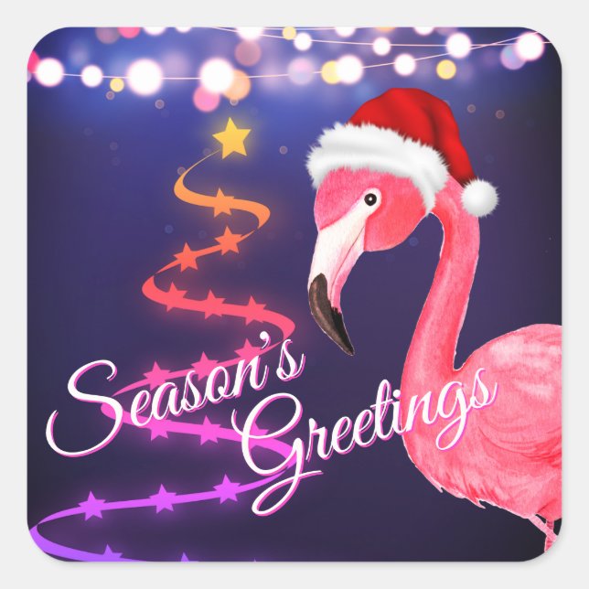 Sticker Carré Flamant rose rose Festive Tropical Beach Noël (Devant)