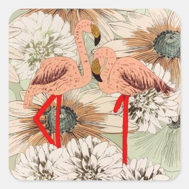 Sticker Carré Flamant rose rose Floral Tropical Feuilles Parties (Devant)