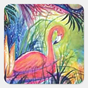 Sticker Carré Flamant rose rose Sanibel Midnight Aquarelle Peint