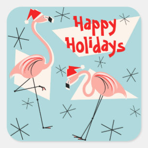Sticker Carré Flamant rose Santas Blue Happy Holidays carré auto