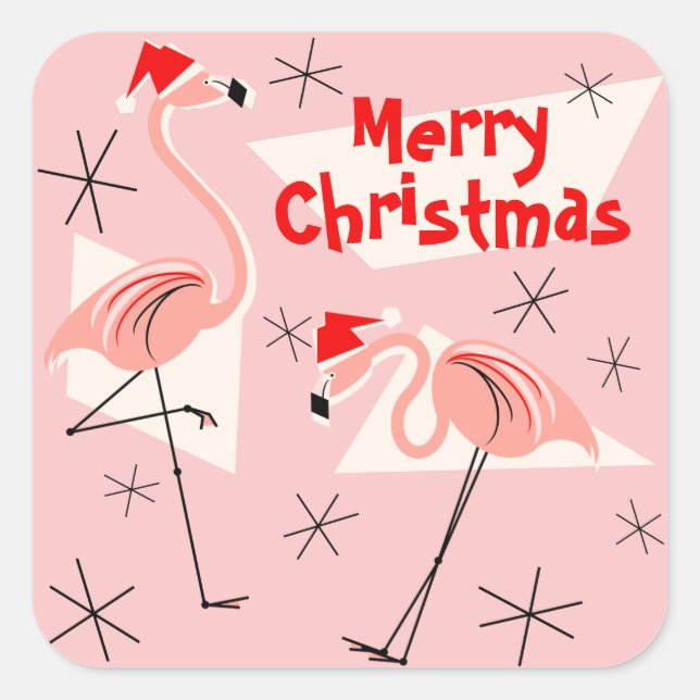 Sticker Carré Flamant rose Santas rose Joyeux carré de Noël (Devant)