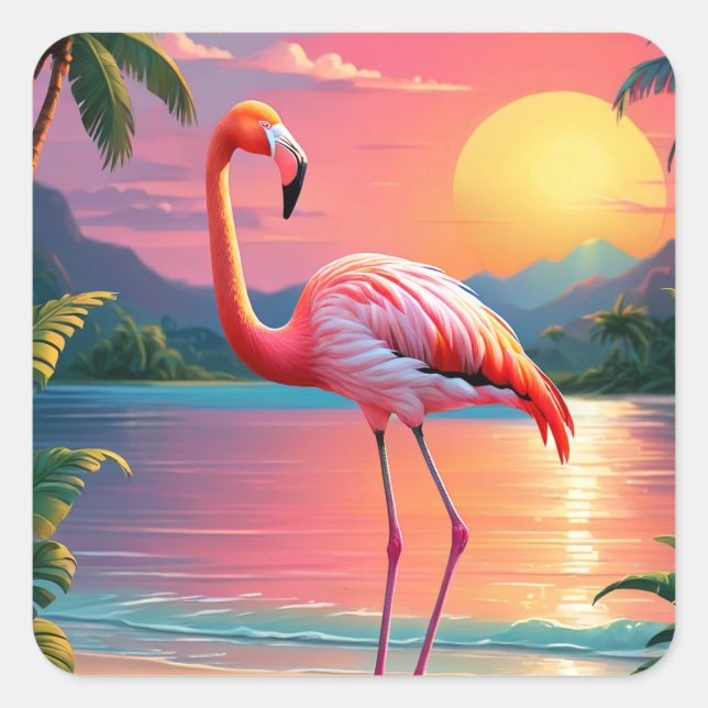 Sticker Carré Flamant rose Sunset Tropical Beach (Devant)
