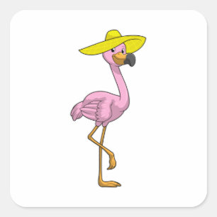 Sticker Carré Flamant rose sur la plage avec Casquette