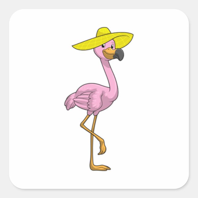 Sticker Carré Flamant rose sur la plage avec Casquette (Devant)