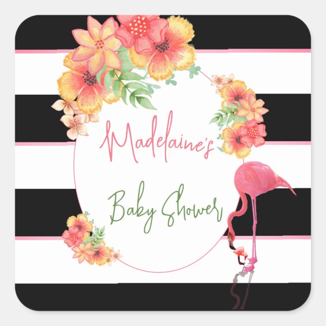 Sticker Carré Flamant rose tropical Baby shower en bande noire r (Devant)
