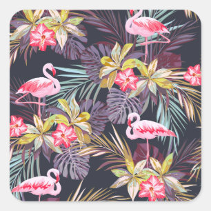 Sticker Carré Flamant rose Tropical : Motif sans couture d'été