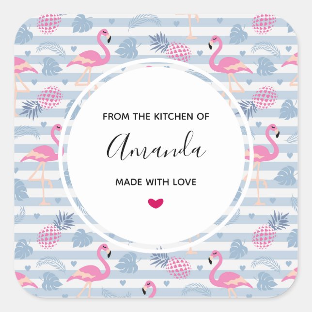 Sticker Carré Flamant rose Whimsical et ananas Motif cuisine (Devant)
