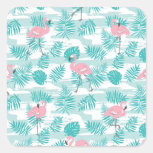 Sticker Carré flamants roses, feuilles de palmiers verts, tropic