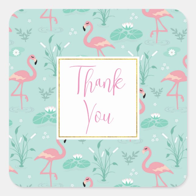 Sticker Carré Flamants roses rose pastel Merci Motif vert (Devant)