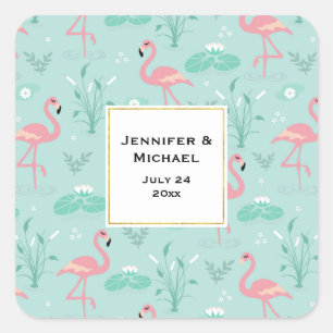 Sticker Carré Flamants roses rose pastel Motif vert Mariage Date